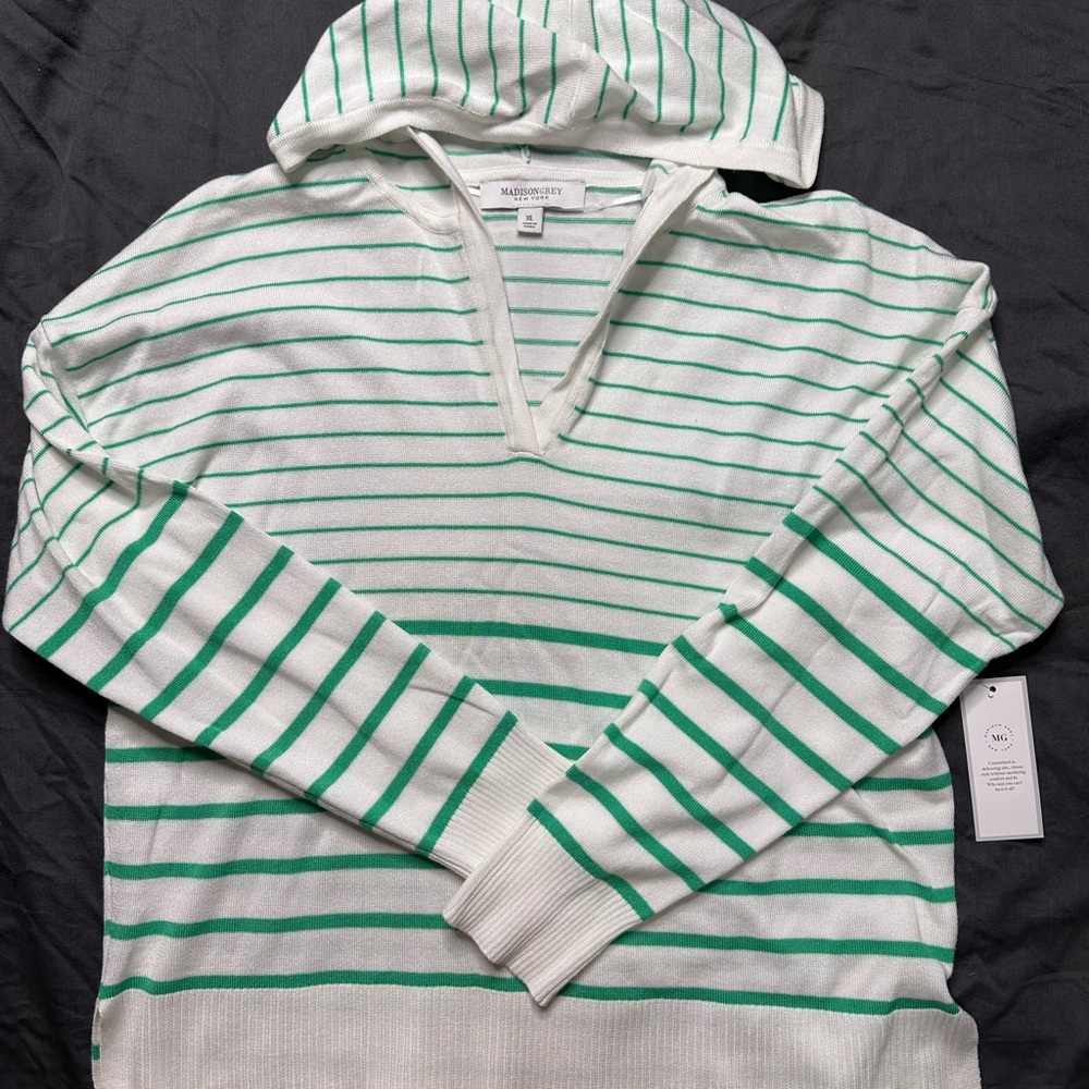 Madison Green and White Striped Sweater Hoodie
